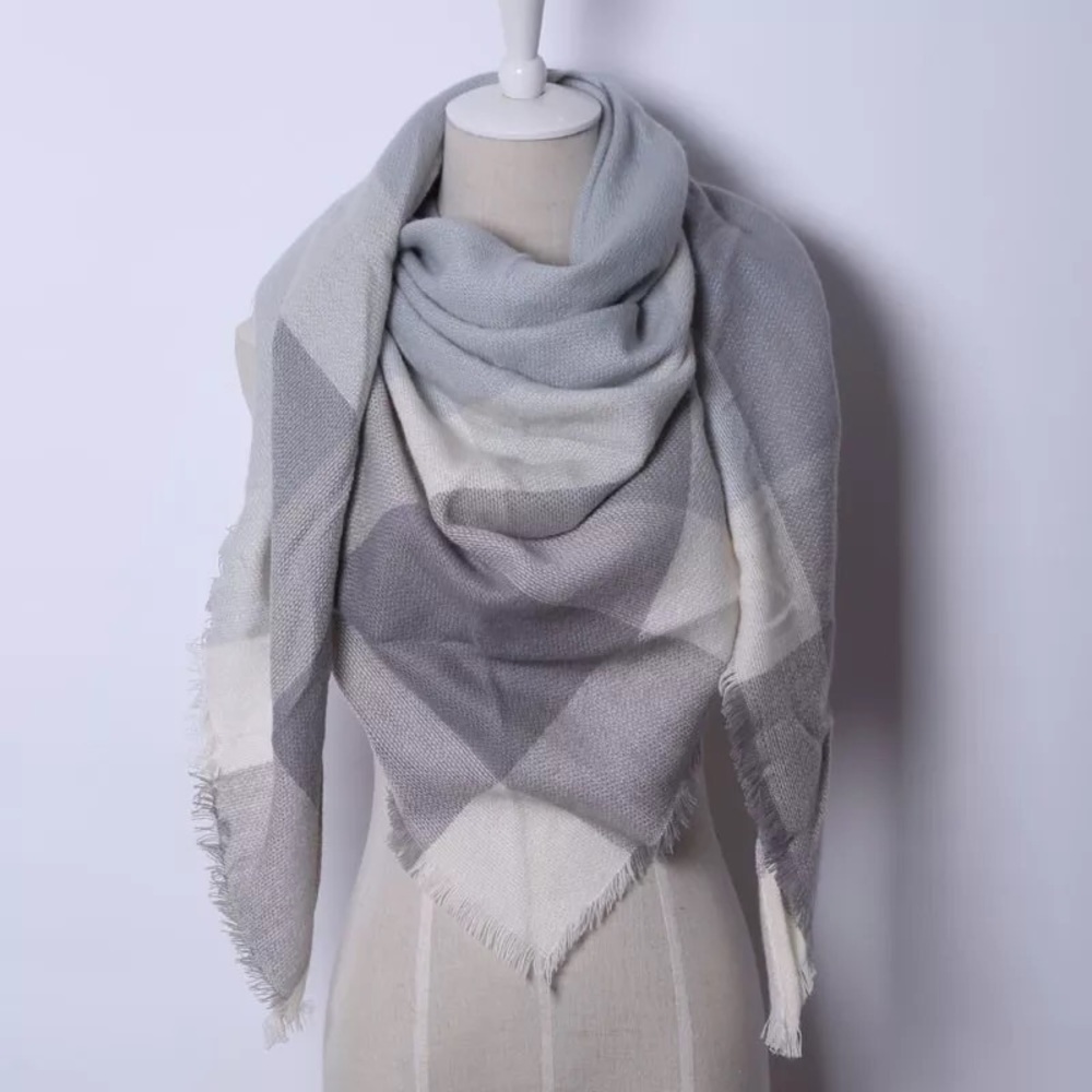 Cashmere plaid scarf/ shawl blue/grey